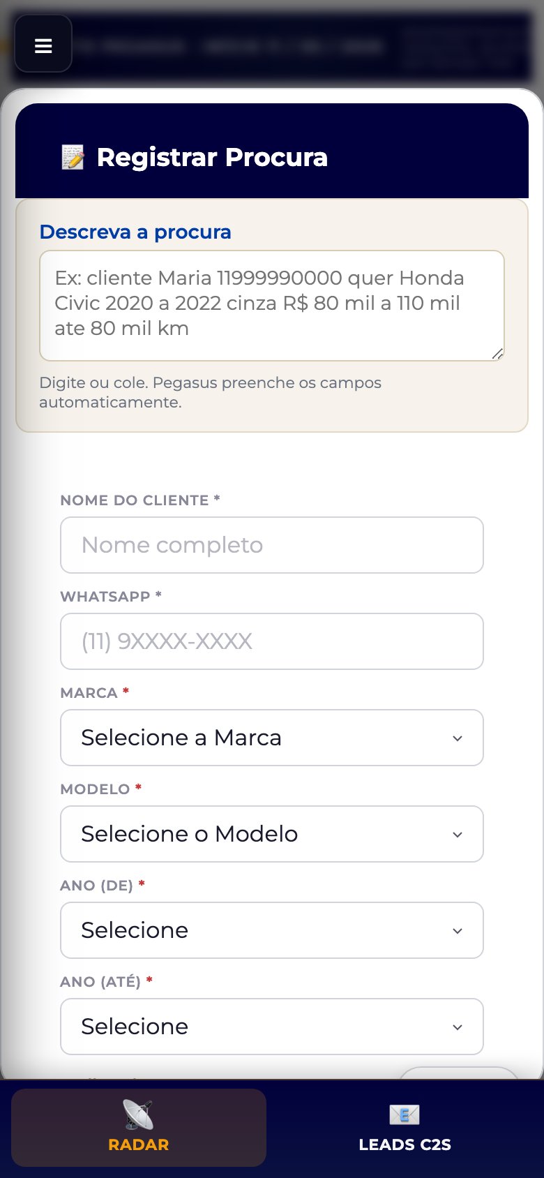 Tela de cadastro de procura do vendedor